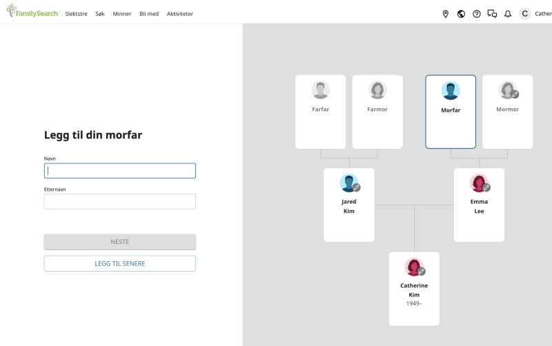Dataskjerm som viser brukeropplevelsen Veiledning gjennom treet i FamilySearch.