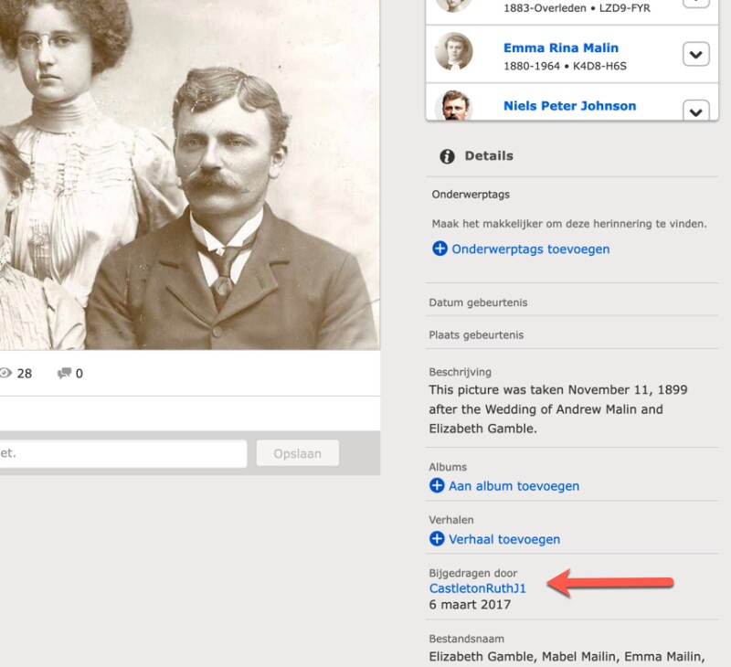 Screenshot met de gegevens van een foto of verhaal in FamilySearch Herinneringen. Een toegevoegde pijl wijst naar de accountnaam van de bijdrager en de datum waarop de bijdrage heeft plaatsgevonden.