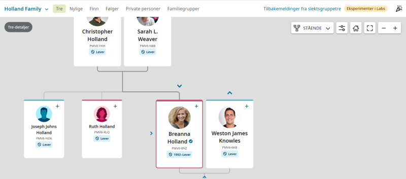 Skjermbilde av Listen over Slektsgruppetre på FamilySearch.org.