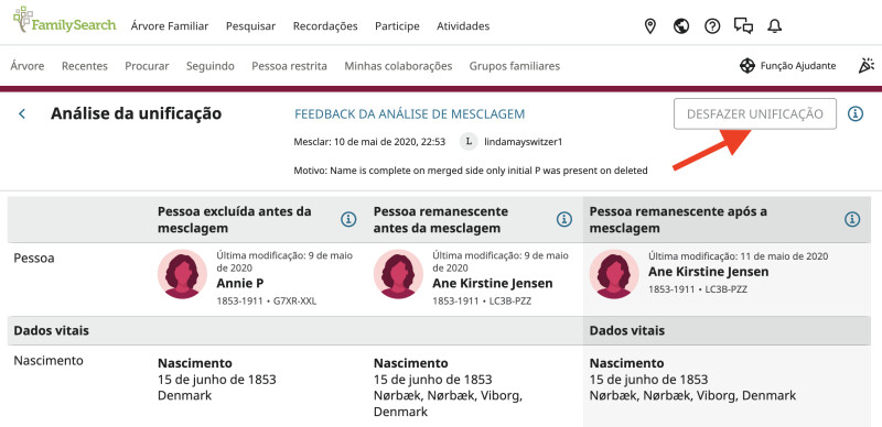 Captura de tela do botão Desfazer unificação no modo de exibição Análise de unificação.