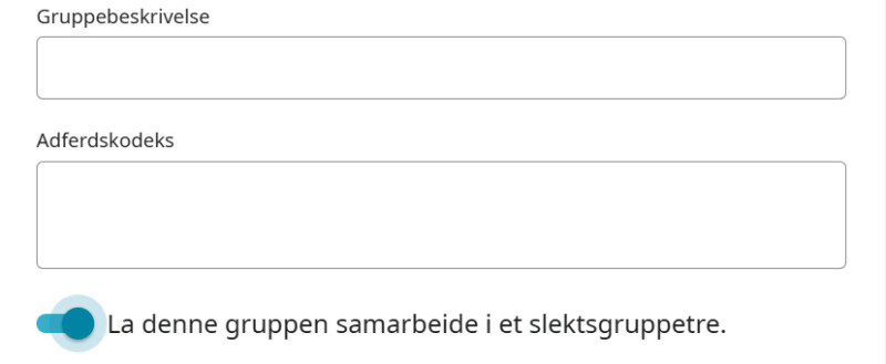 Skjermbilde av Gruppedetaljer-vinduet for en FamilySearch familiegruppe, som viser hvordan man kan “La denne gruppen samarbeide i et Slektsgruppetre”.