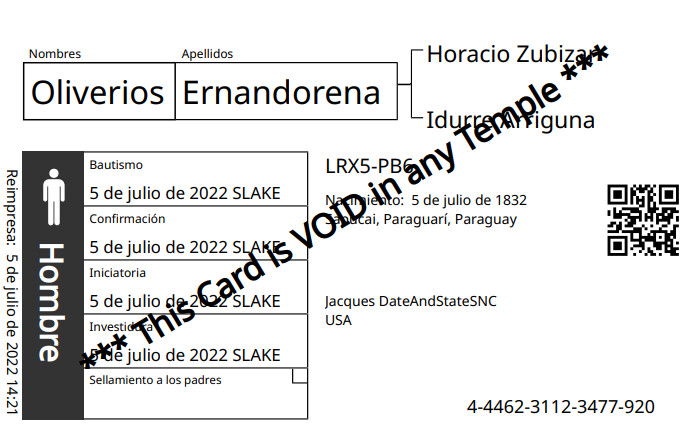 Ejemplo de una nueva tarjeta de nombres de familiares con un código QR.