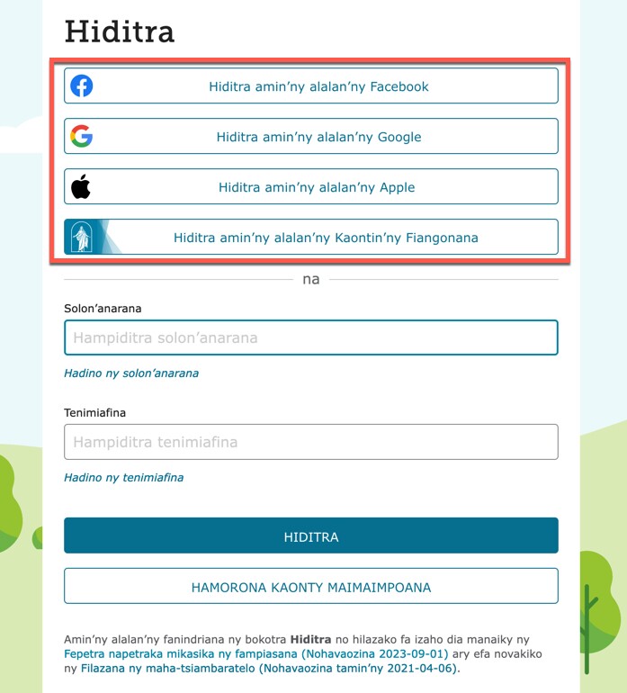 Pikantsarin’ny pejy fidirana ao amin’ny FamilySearch.org izay mampiseho ireo safidy atolotra ahafahana miditra amin’ny alalan’ny fampiasana Facebook, na Google, na Apple, na ny kaontin’ny Fiangonana.