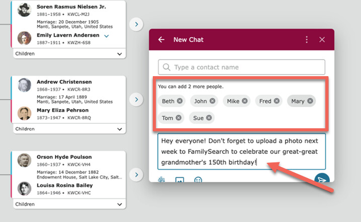 Screenshot van het aanmaken van een chat met meerdere gebruikers op FamilySearch.org