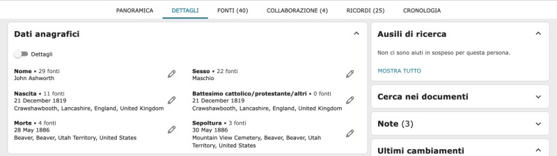 Screenshot dell'indicatore di tagging della fante su FamilySearch.org