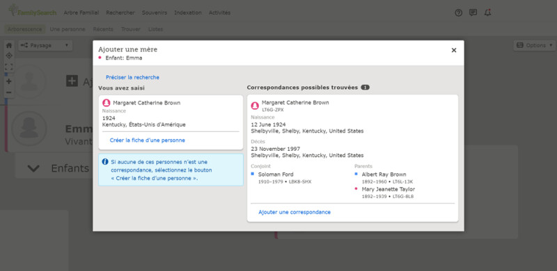 Correspondances éventuelles trouvées dans l’arbre généalogique commun du site de FamilySearch.