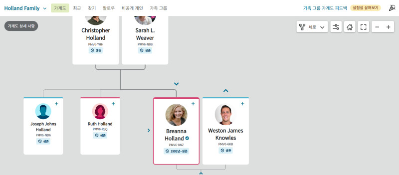 FamilySearch.org에 있는 가족 그룹 가계도의 스크린숏.