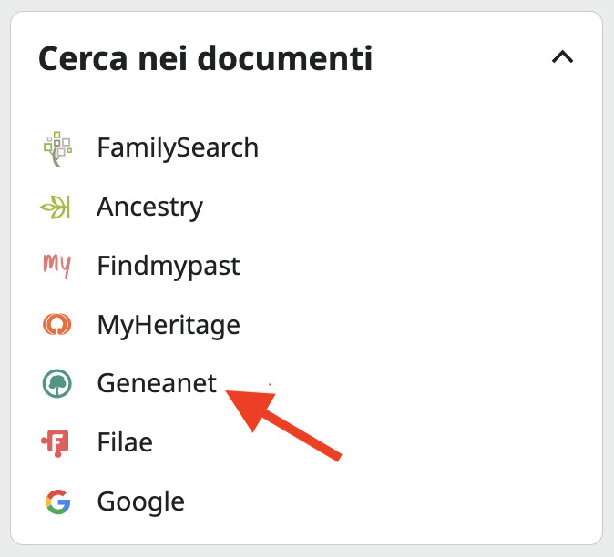 Schermata della sezione Cerca documenti che evidenzia il collegamento a Geneanet in Albero familiare di FamilySearch