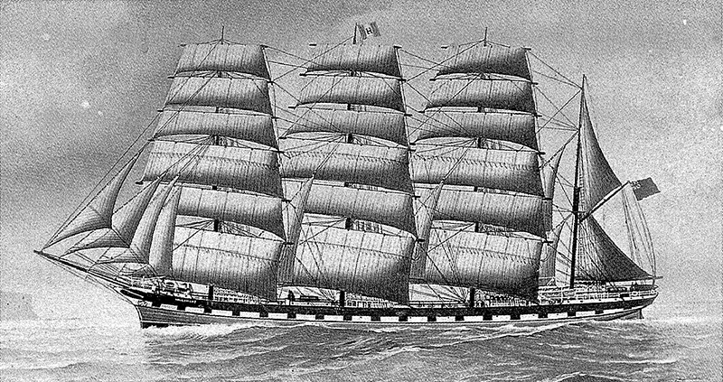 a drawing of the ship hougoumont, which carried many inmates to Australia. 
