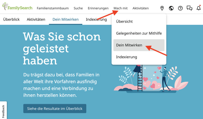Screenshot, auf dem gezeigt wird, wie man über das Hauptmenü von FamilySearch.org zur neuen Seite „Dein Mitwirken“ gelangt
