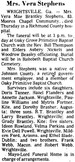 the obituary for Mrs Vera Stevens