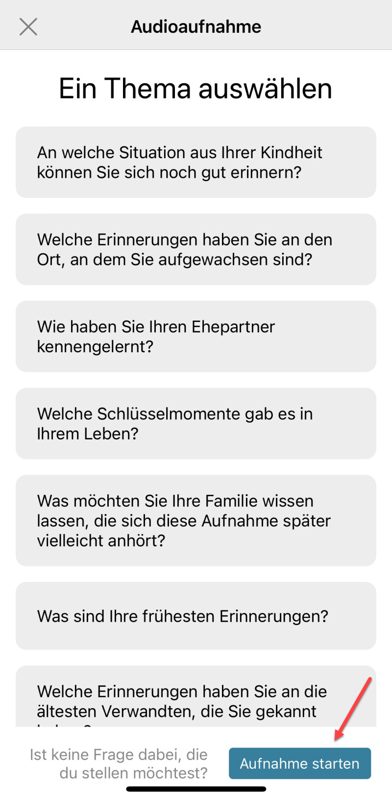 Screenshot der FamilySearch-App <i>Erinnerungen</i>, auf dem gezeigt wird, wie man eine Audioaufnahme hinzufügt