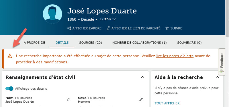 Copie d’écran montrant une note d’alerte sur l’onglet Détails d’une page de FamilySearch.