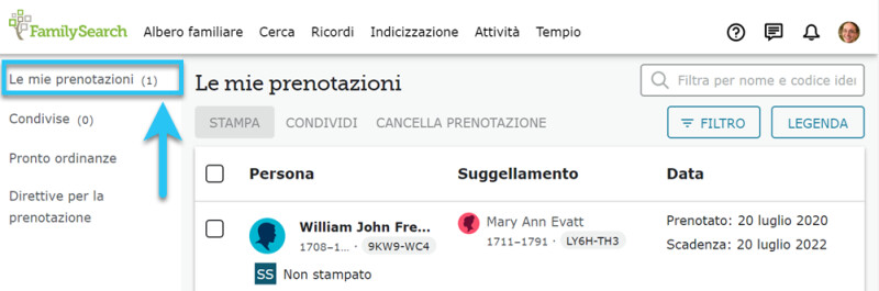 La scheda Le mie prenotazioni su FamilySearch, che mostra i nomi di famiglia prenotati.