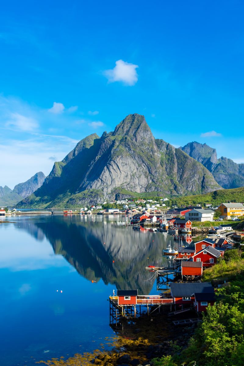 A view of Reine village, on the edge of a fjord in Norway