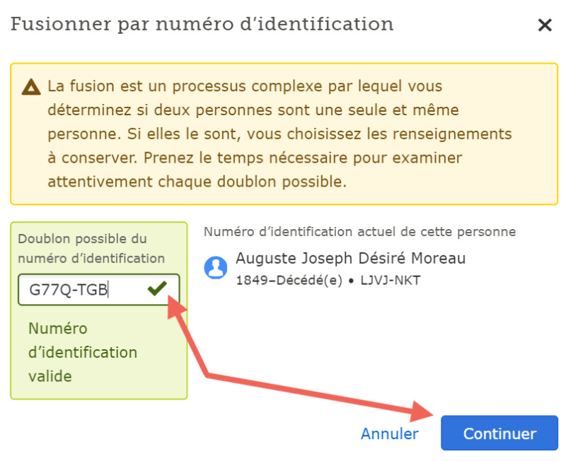 Copie d’écran de la fonction « Fusionner par numéro d’identification ».