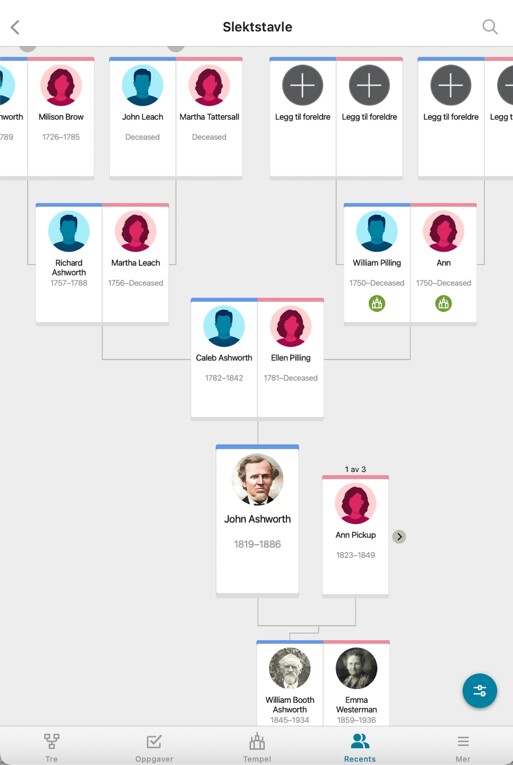 Skjermbilde av den gratis mobilappen Slektstre fra FamilySearch.