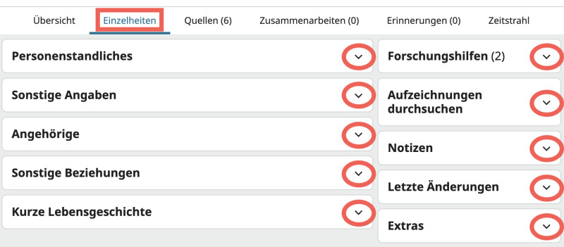 Ein Screenshot der Registerkarte „Einzelheiten“ auf der Personenseite von Louis Wilhelm Richard Schmidt.