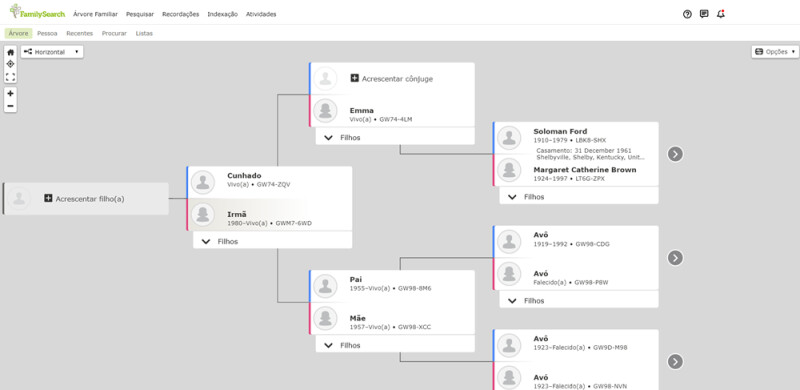 Captura de tela que mostra a árvore do cônjuge no FamilySearch.