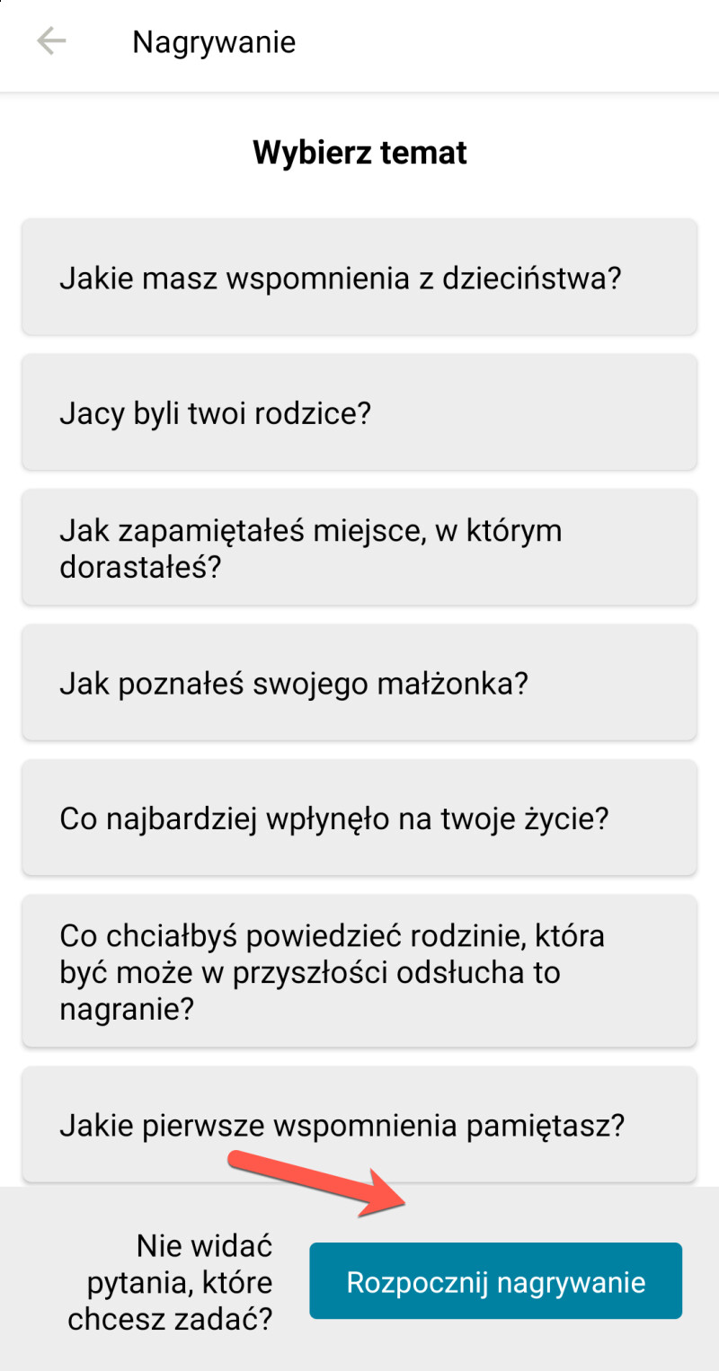 Zrzut ekranu aplikacji Wspomnienia FamilySearch pokazujący, jak dodać plik audio.