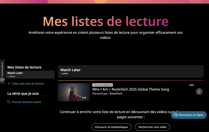 Copie d’écran de la fonctionnalité « Mes listes de lecture » sur le site Internet du salon RootsTech de 2024