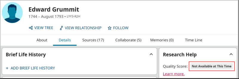 A screenshot from a FamilySearch profile showing a data quality score not available at this time
