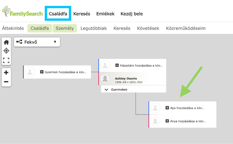 Képernyőkép arról, hogyan adhatóak hozzá nemzedékek a FamilySearch Családfához.