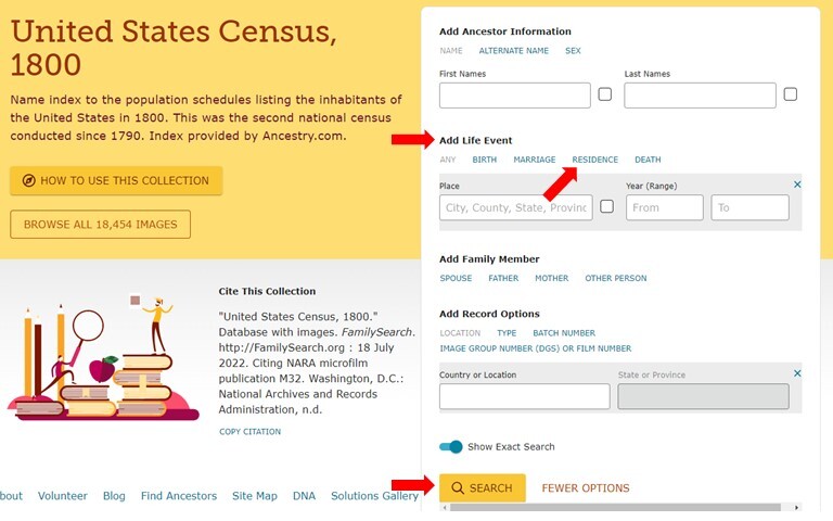 Screen capture of the More Options search page for the 1800 US census