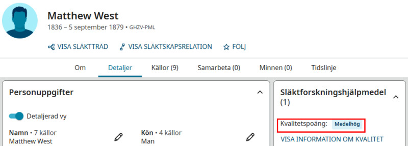 en skärmdump av en profilsida på FamilySearch som visar datakvalitetspoängen
