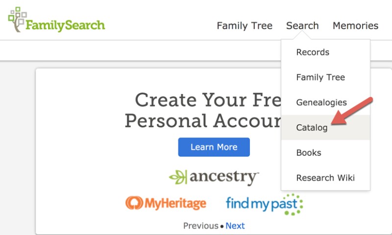 Screenshot of catalog option on FamilySearch homepage.