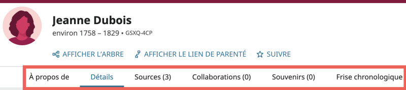 Copie d’écran des onglets de navigation de la page personnelle de Jeanne Dubois.