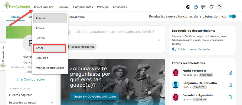 Captura de pantalla de FamilySearch.org, mostrando cómo encontrar el Árbol Familiar en el menú principal.