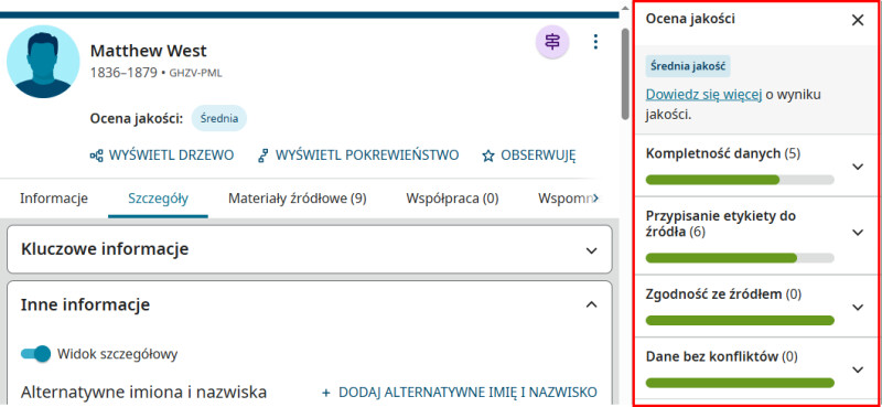 Zrzut ekranu ze strony FamilySearch pokazujący 4 pomiary oceny jakości danych na stronie profilu danej osoby