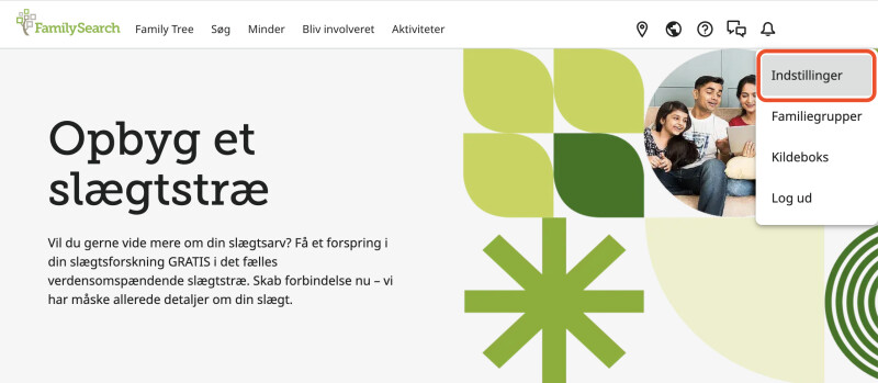 FamilySearchs startside Brugernavnet i øverste højre hjørne er blevet valgt. Rullemenuen for »Indstillinger« er markeret med rødt.
