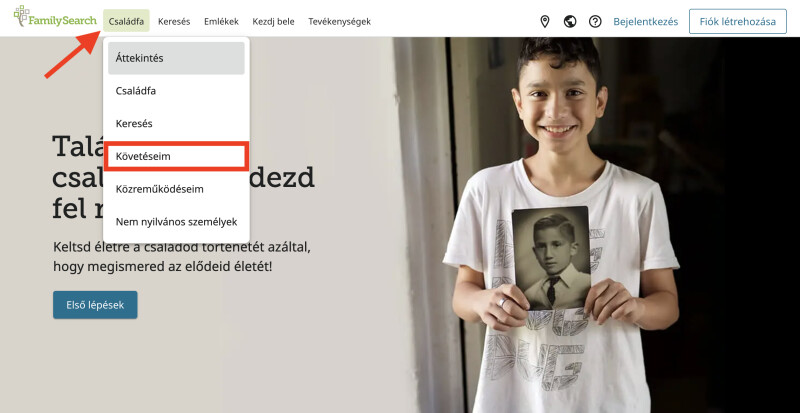 A FamilySearch.org képernyőképe, amely megmutatja, hogyan találod meg a Családfát a főmenüben.