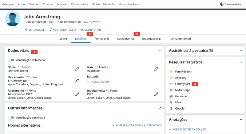 Captura de tela de uma página de perfil na Árvore Familiar do FamilySearch para John Armstrong