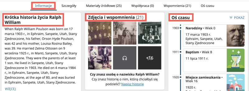 Zrzut ekranu strony osoby Ralpha Williama Poulsona w zakładce Informacje