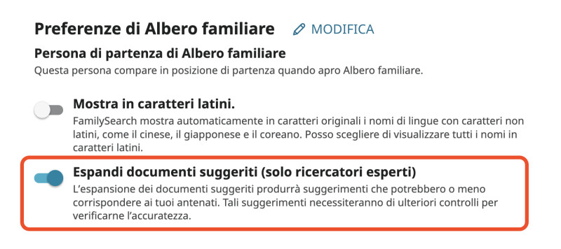 L'impostazione dell'account su FamilySearch. Nella sezione "Preferenze di Albero familiare", l'interruttore "Espandi documenti suggeriti (solo ricercatori esperti)" è evidenziato in rosso ed è stato attivato.