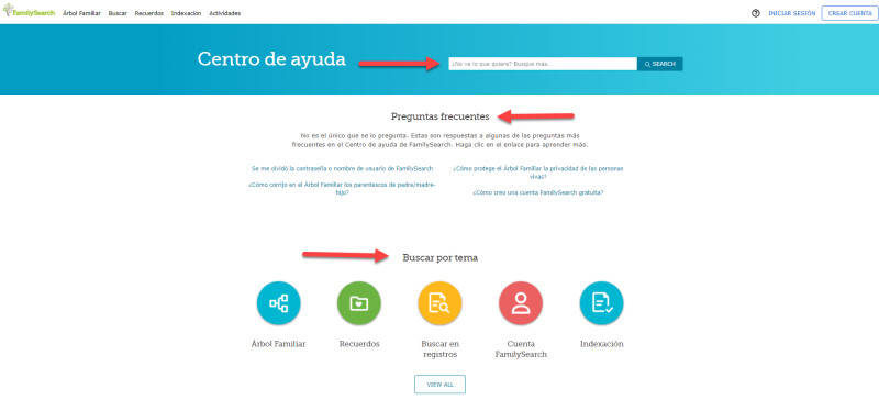 la página principal del Centro de ayuda de FamilySearch