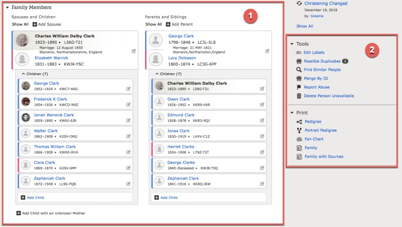 The bottom part of a familysearch person page. The screenshot has numbers showing different parts of the page.