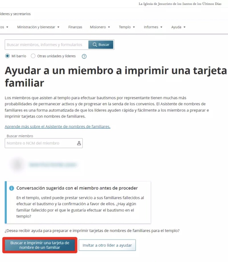 Captura de pantalla de la herramienta Ayudar con nombres de familiares en Fuentes de recursos para líderes y secretarios.
