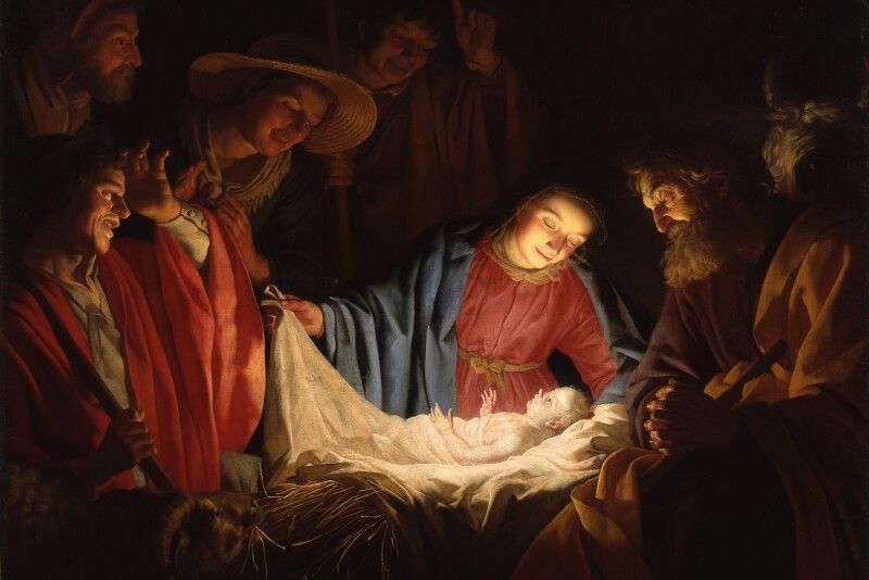 A painting entitled "Adoration of the Shepherds" depicts the birth of Jesus