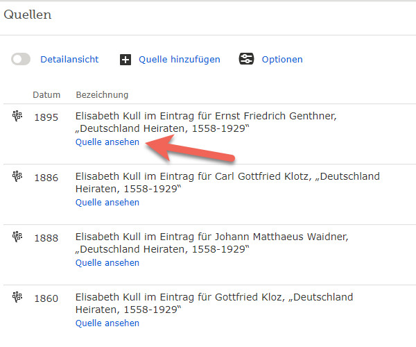 Screenshot mit der Option „Quelle ansehen“ auf der Liste mit den Quellen