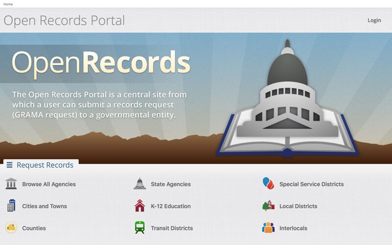 Screenshot of the OpenRecords portal on the Utah State Archives website