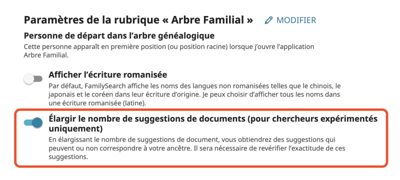 Paramètre du compte de FamilySearch. Dans la section « Paramètres de la rubrique Arbre Familial », la bascule « Élargir le nombre de suggestions de documents (pour chercheurs expérimentés uniquement) » est encadrée en rouge et a été activée.