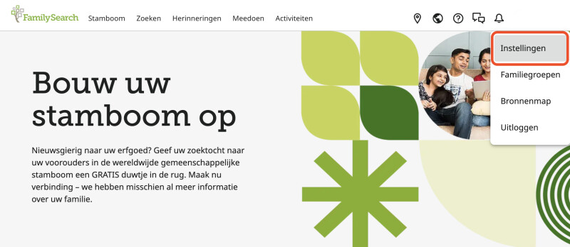 Homepage van FamilySearch. De gebruikersnaam in de rechterbovenhoek is geselecteerd. De optie voor ‘Instellingen’ is rood omlijnd.