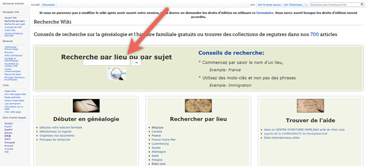Copie d’écran montrant comment effectuer des recherches dans la rubrique « Arbre Familial » du site de FamilySearch.