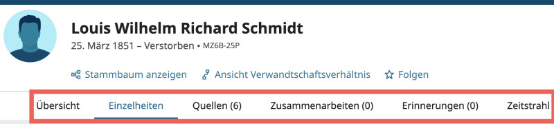 Ein Screenshot der Navigationsregisterkarten auf der Personenseite von Louis Wilhelm Richard Schmidt.
