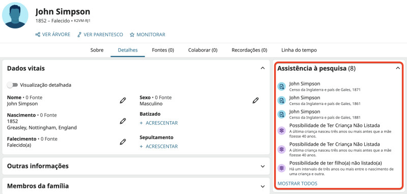 Captura de tela da página de perfil de John Simpson no FamilySearch, mostrando 5 ajudas da pesquisa