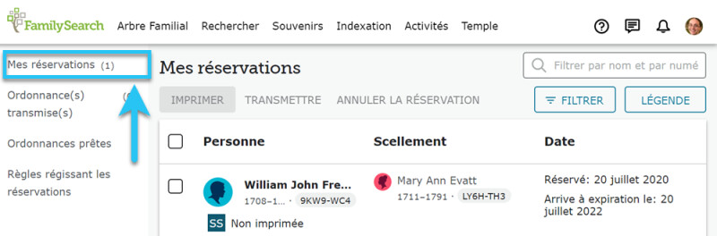 Onglet « Mes réservations » du site de FamilySearch, affichant les noms d’ancêtres réservés.